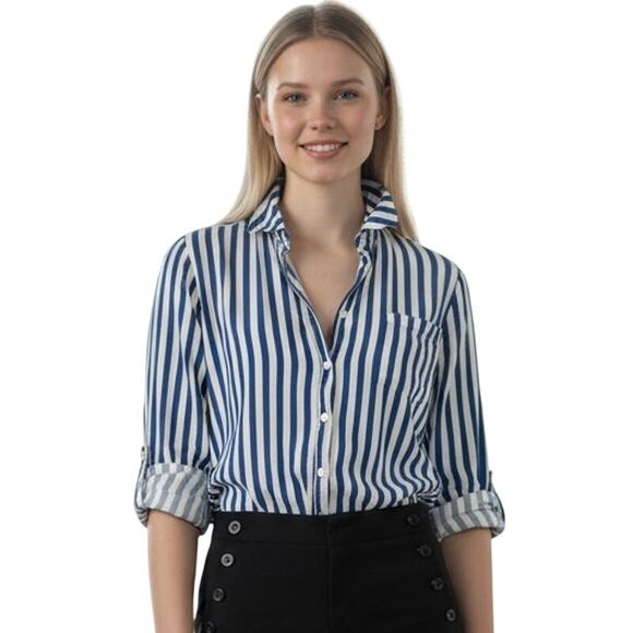 Jane + Delancey Button Down Shirt Small Striped Blue & White Roll Tab Sleeves - Picture 1 of 9